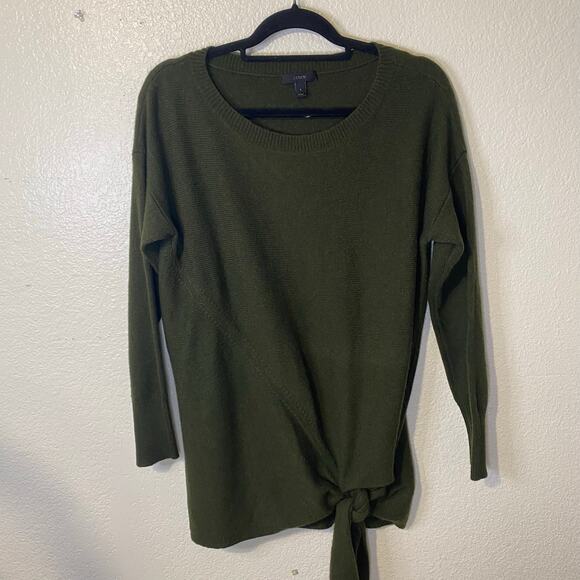 J Crew Green Crewneck Tie Asymmetric Hem Long Sweater Size Small Oversized - Picture 3 of 9